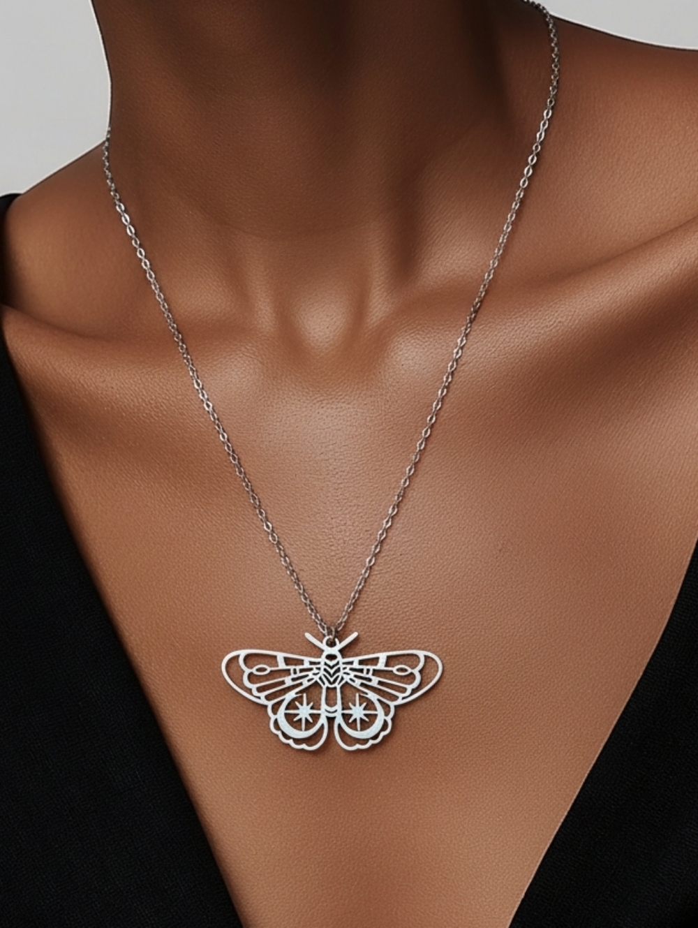 Lunar Moth Necklace Crescent Moon Stainless Steel Gothic Pendant 16" Celestial